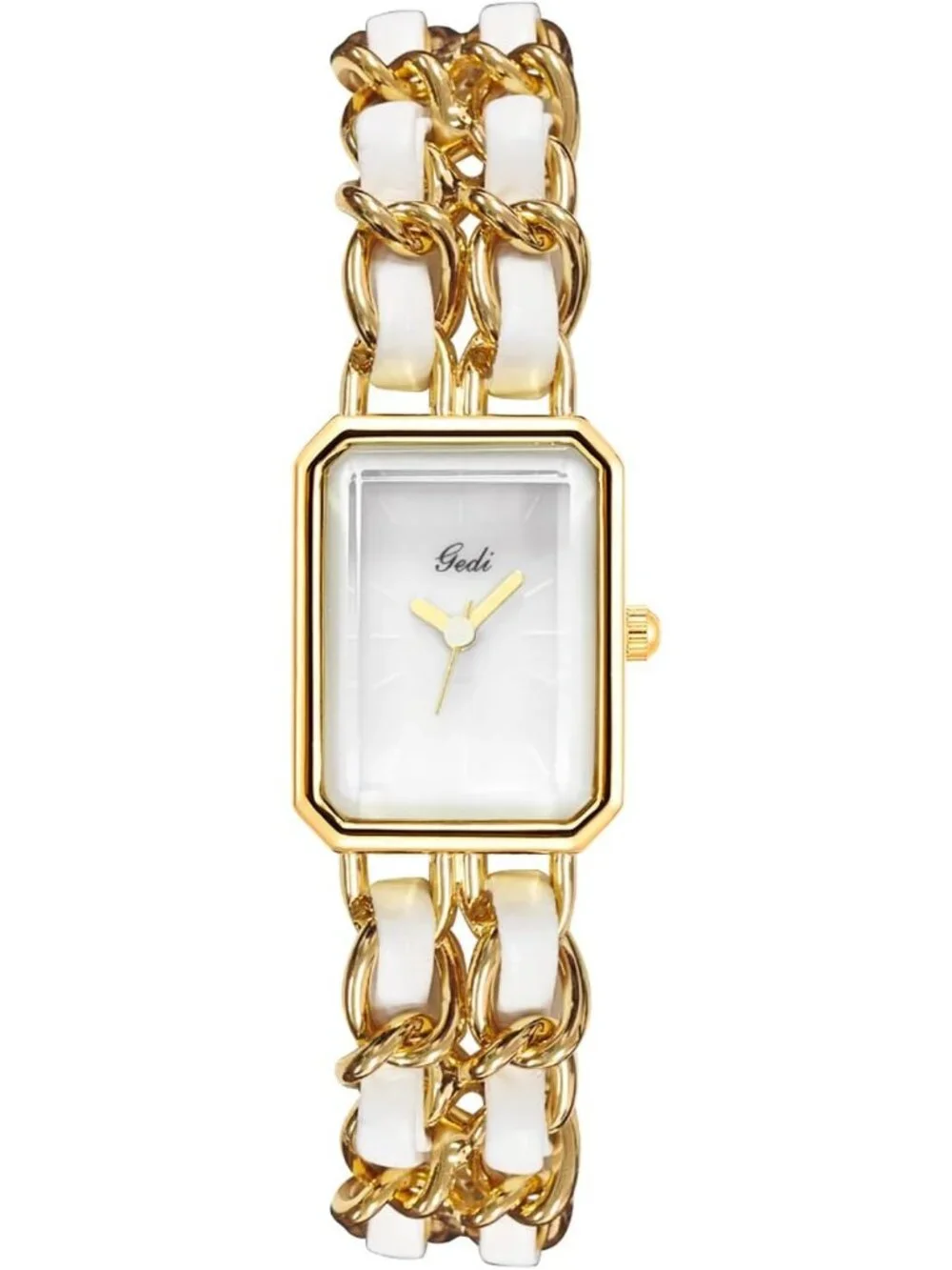 Women's Gold White Square Adjustable Chain Braid Band Quartz Retro Dress Watch